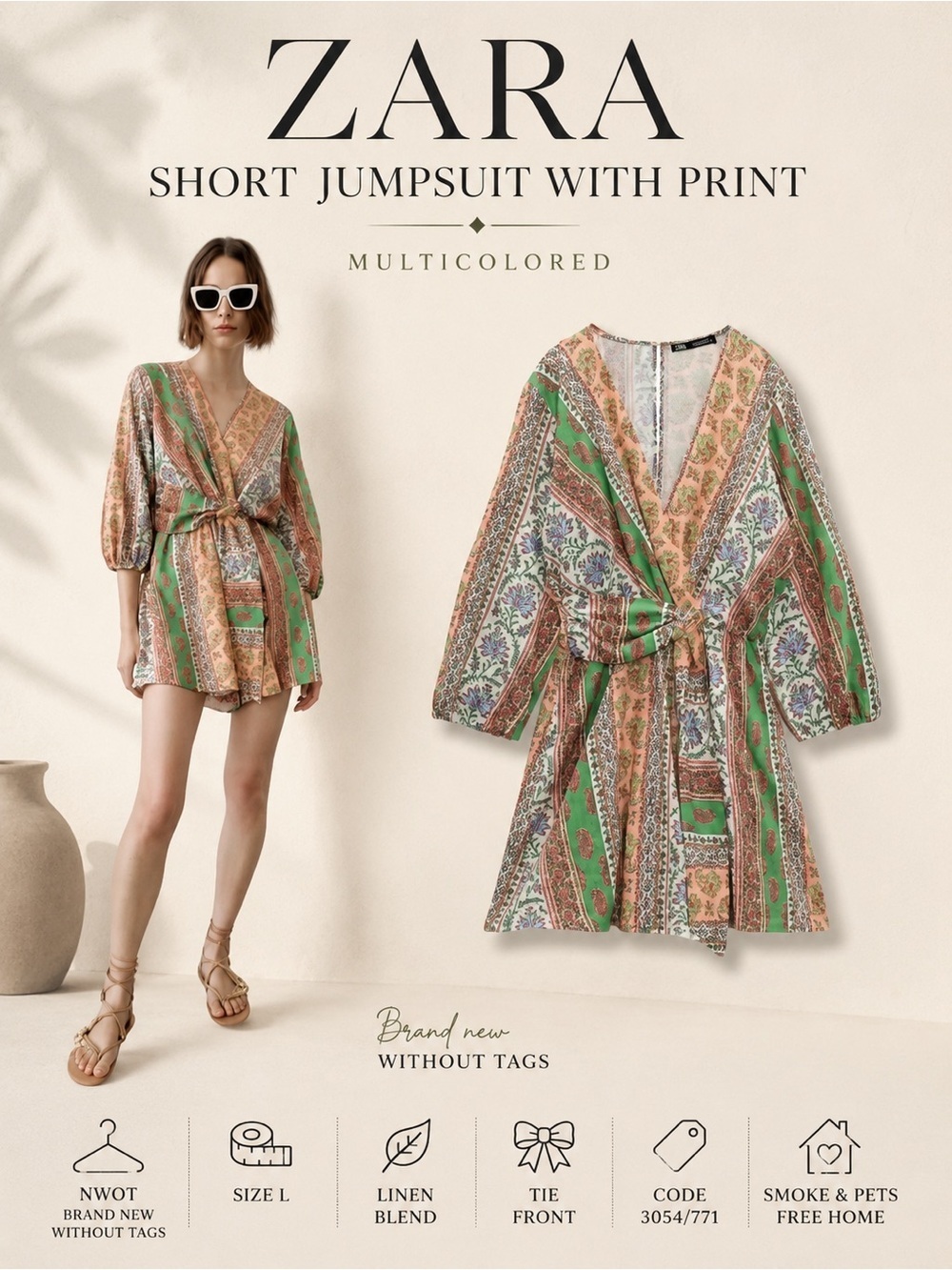 Zara Multicolor Printed Linen Blend Romper Size L Boho V-Neck Tie Front NWT